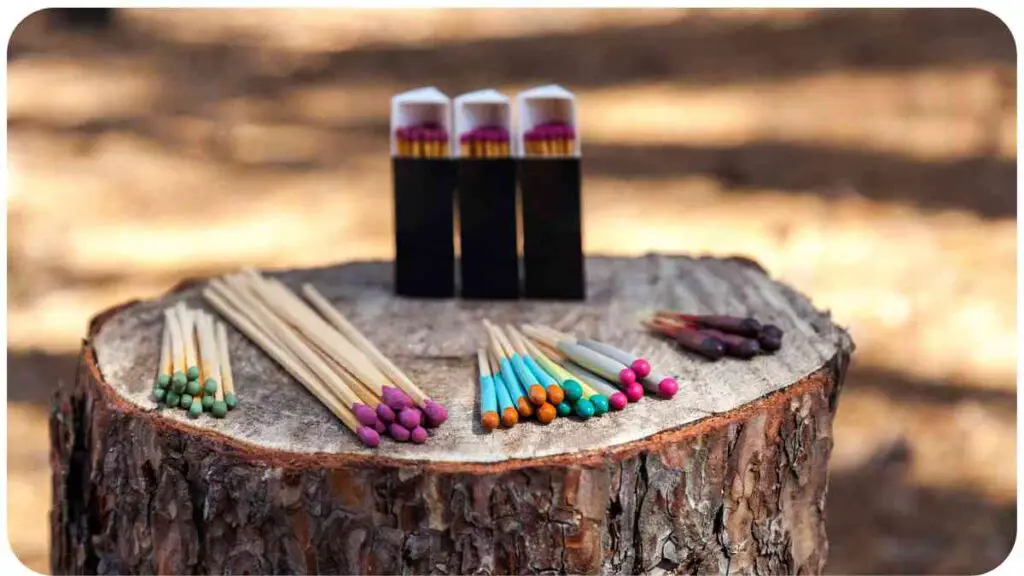 several matches sit on top of a stump in the woods