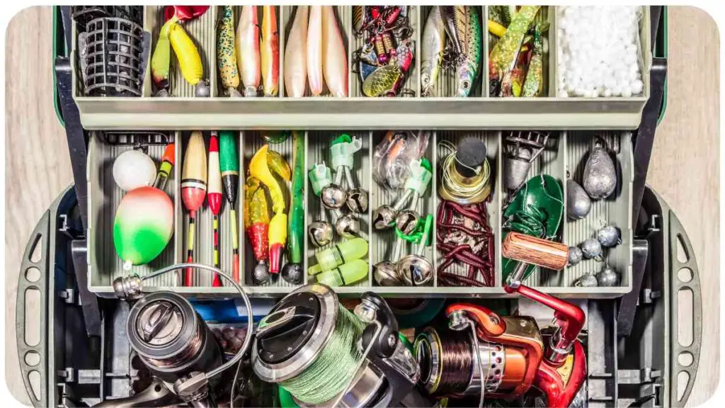 an open fishing tackle box on a wooden table